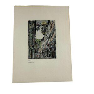 Vintage Jalrburg Belgian Street Hand Tinted Pencil Art Etching Signed Rister